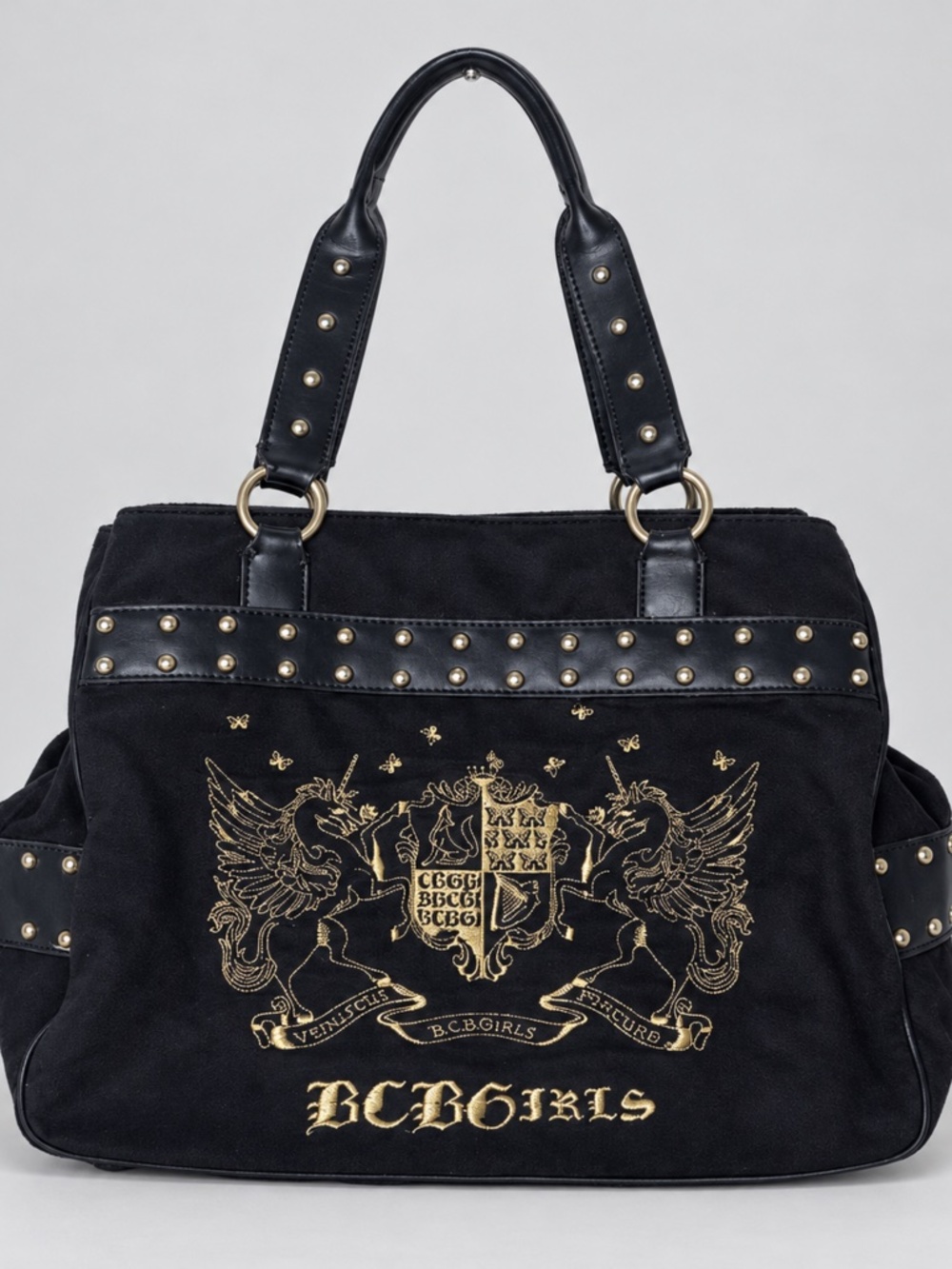 BCBGirls Vintage Y2K Shoulder Bag Black Suede Gold Crest Embroidered Studded Tot